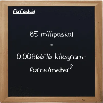 85 milipaskal setara dengan 0.0086676 kilogram-force/meter<sup>2</sup> (85 mPa setara dengan 0.0086676 kgf/m<sup>2</sup>)